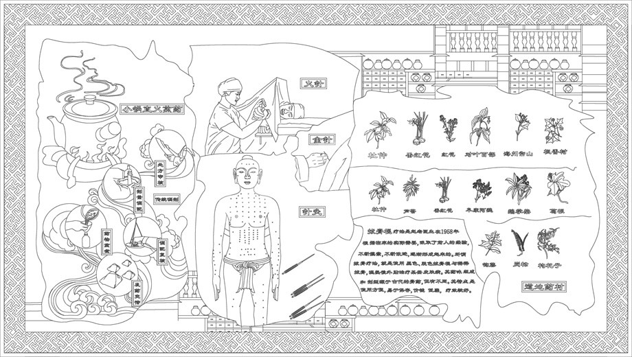 中醫文化浮雕雕塑原創手繪設計稿